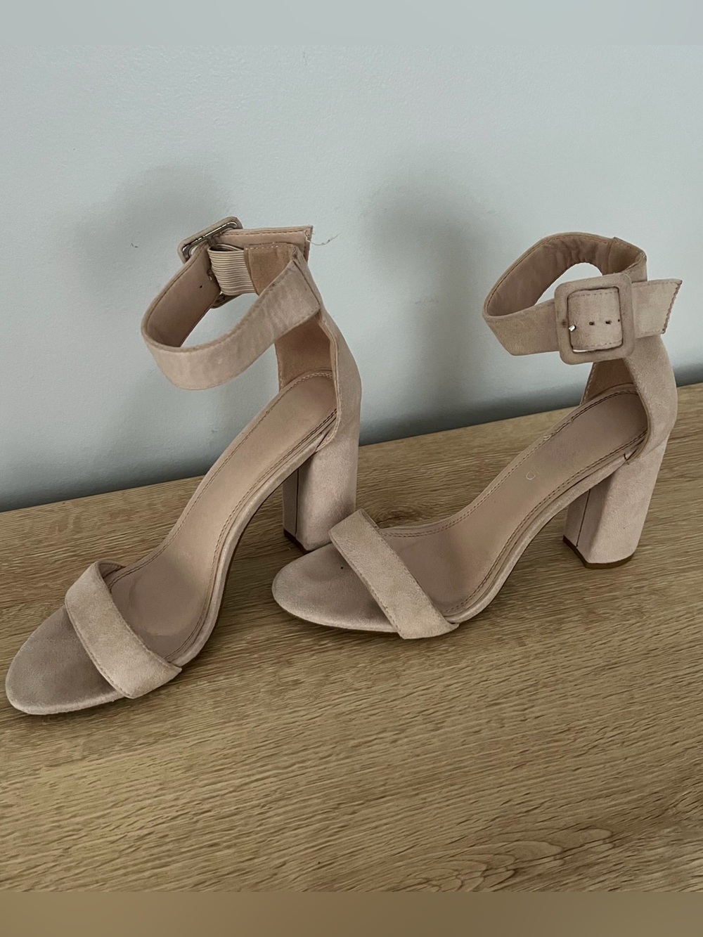Ankle-Strap Block Heel Sandals in Nude Suede